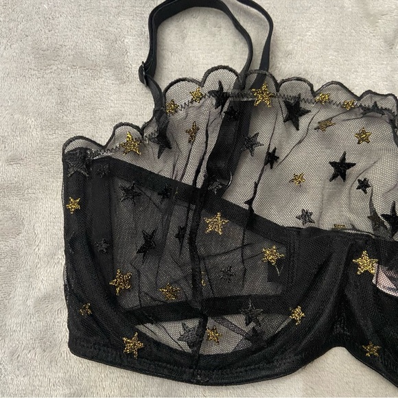 New! Victorias Secret black metallic star pattern mesh lace bra 20084 - Picture 3 of 7